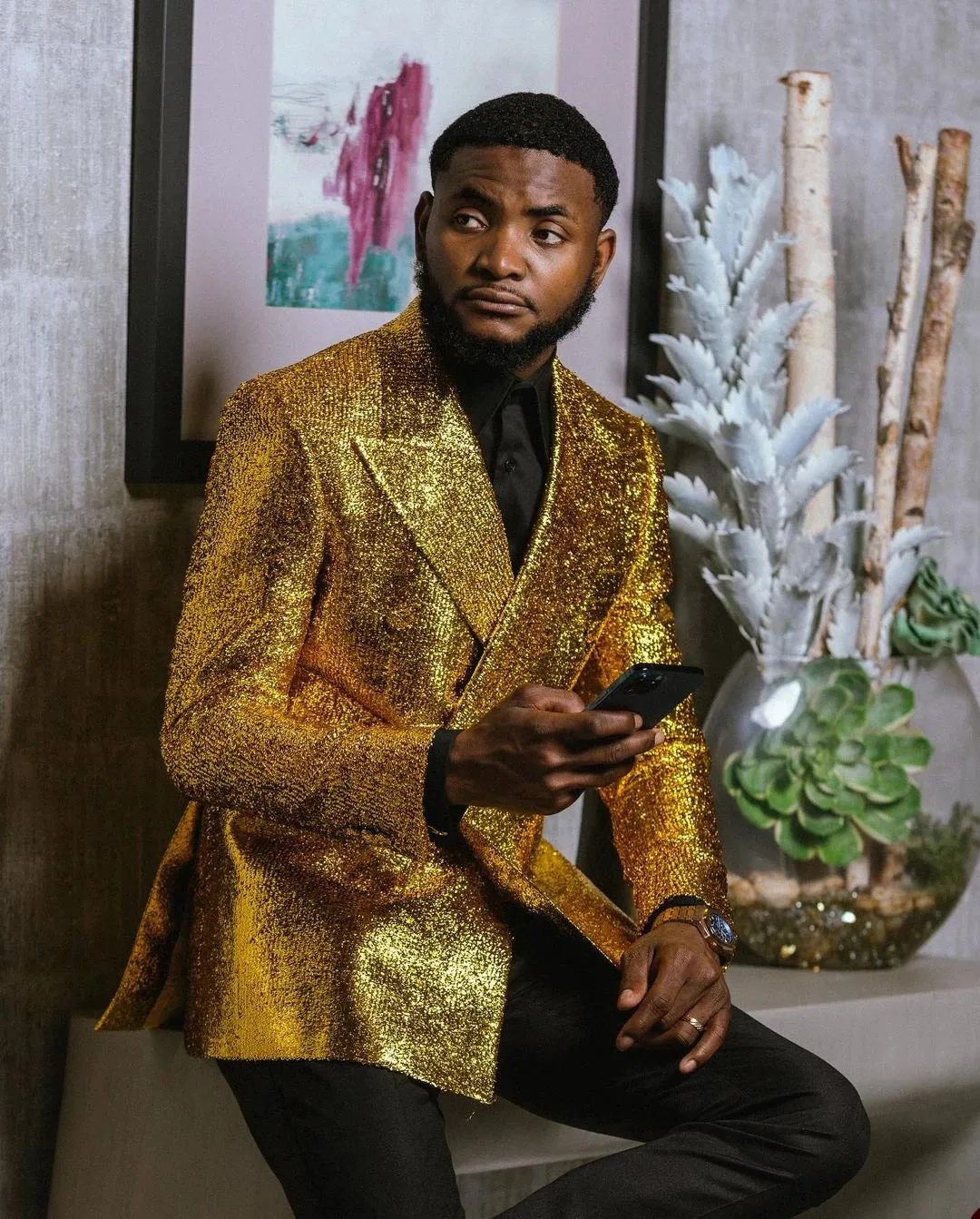 Aidase Gold Men's Suit 2 Pieces Blazer Black Pants One Button Peaked Lapel Business Slim Fit Formal Host Wedding Groom Costume Homme