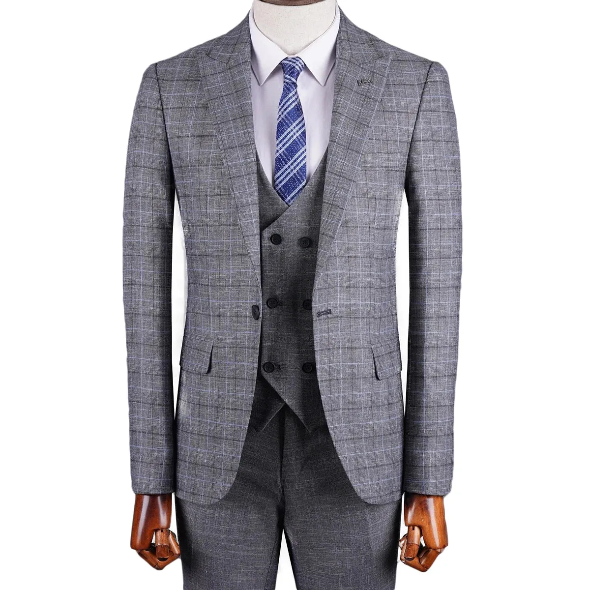 Aidase Gray Men's Suit 3 Pieces Blazer Vest Pants One Button Peaked Lapel Formal Plaid Stripes Wedding Groom Tailored Costume Homme