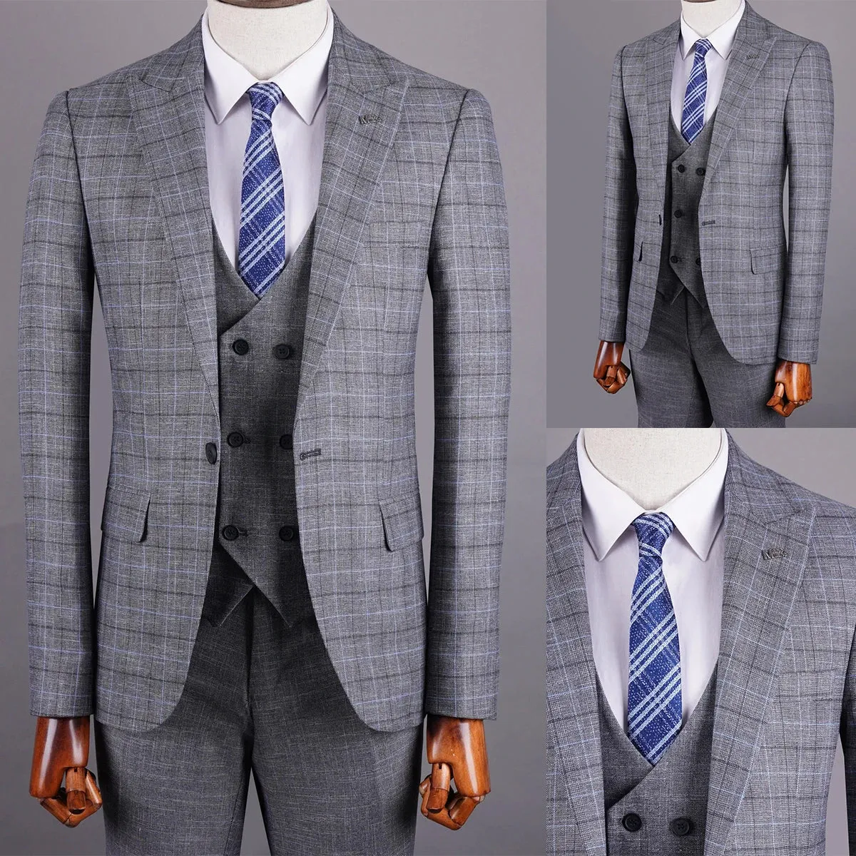 Aidase Gray Men's Suit 3 Pieces Blazer Vest Pants One Button Peaked Lapel Formal Plaid Stripes Wedding Groom Tailored Costume Homme