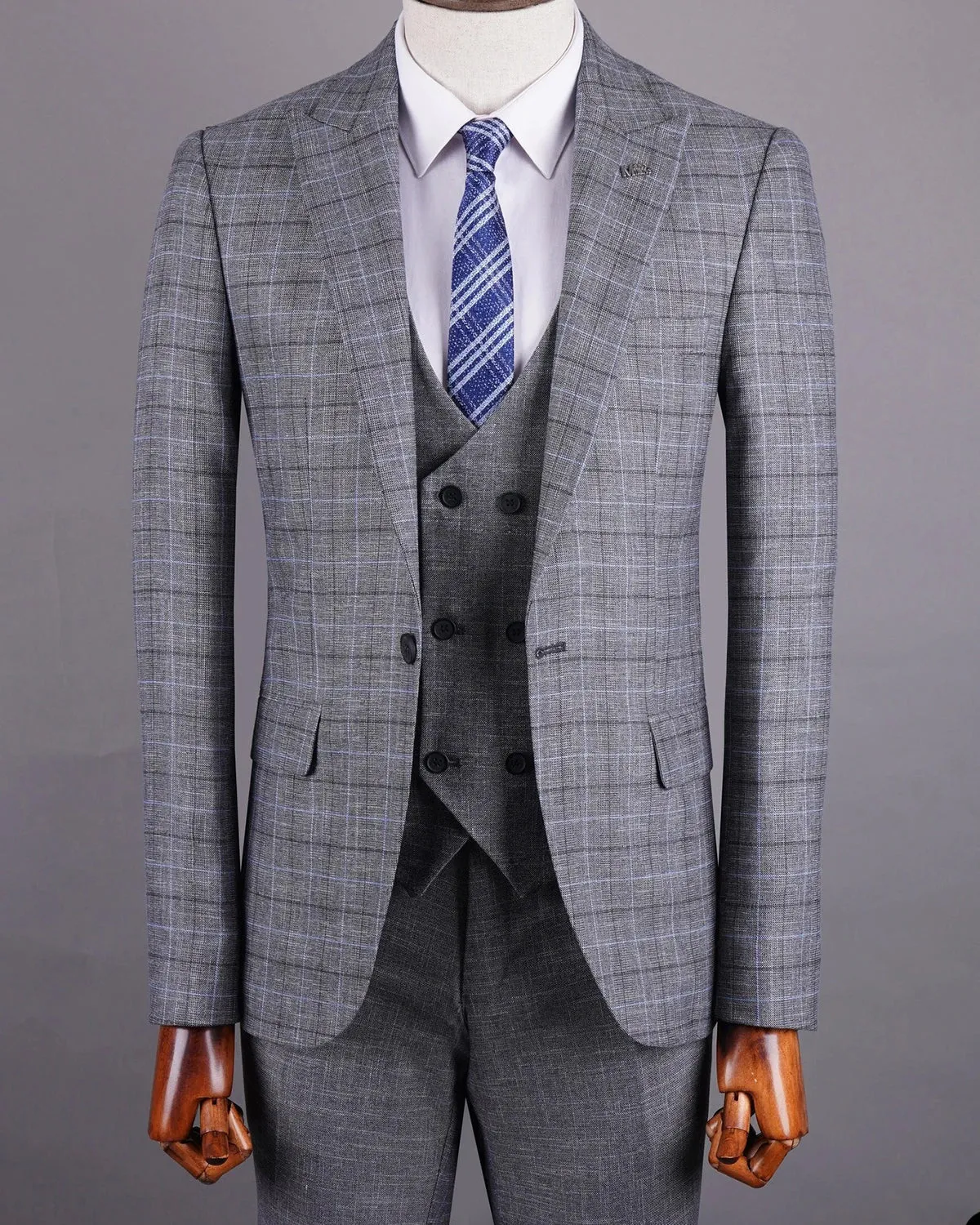 Aidase Gray Men's Suit 3 Pieces Blazer Vest Pants One Button Peaked Lapel Formal Plaid Stripes Wedding Groom Tailored Costume Homme