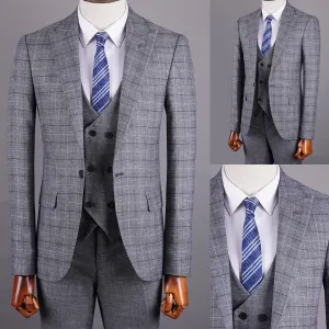 Aidase Gray Men's Suit 3 Pieces Blazer Vest Pants One Button Peaked Lapel Formal Plaid Stripes Wedding Groom Tailored Costume Homme