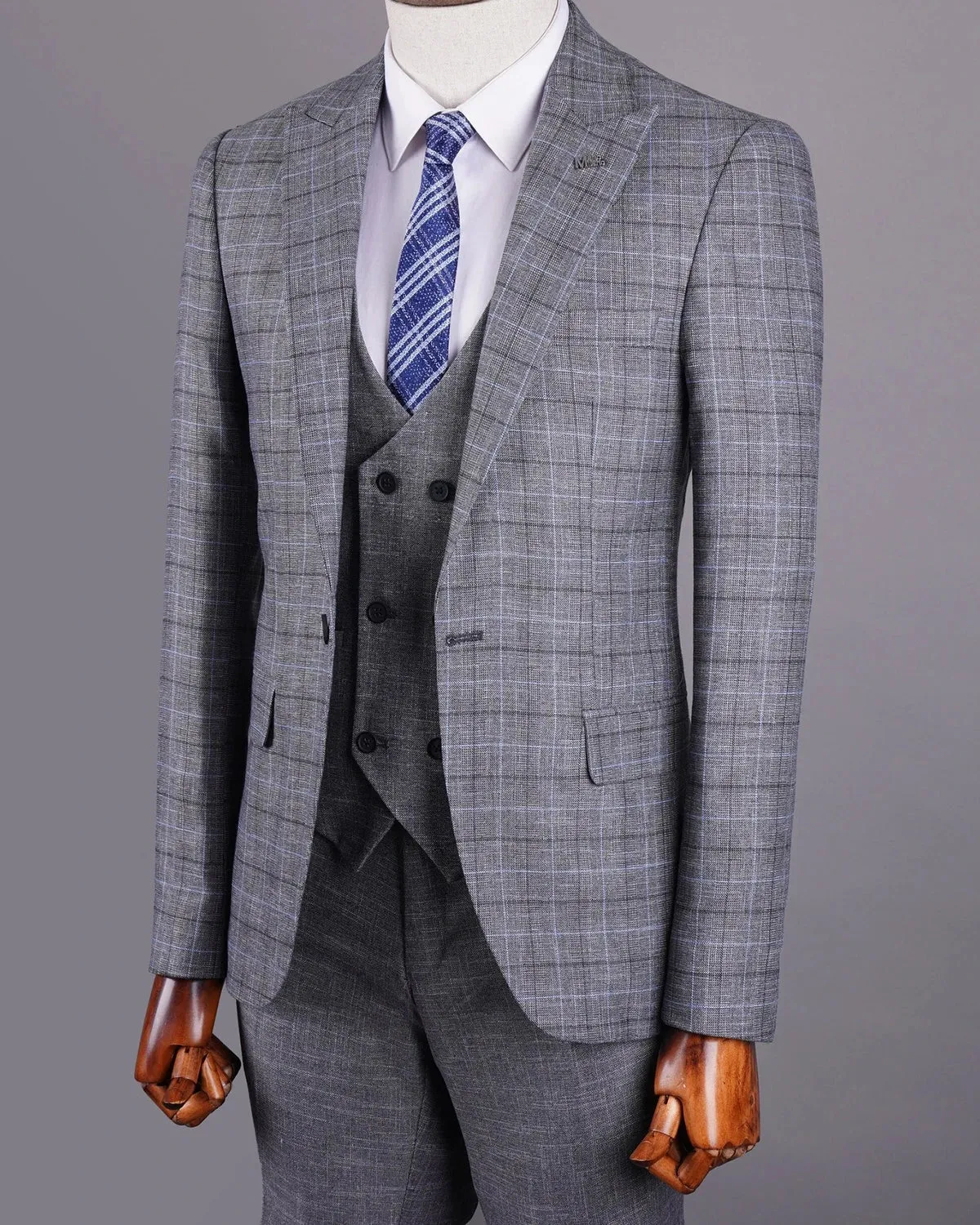 Aidase Gray Men's Suit 3 Pieces Blazer Vest Pants One Button Peaked Lapel Formal Plaid Stripes Wedding Groom Tailored Costume Homme
