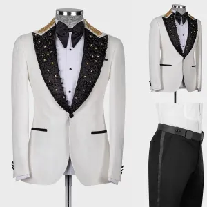 Aidase mens outfits Men's Suit 2 Pieces Blazer Black Pants Peaked Lapel One Button Tuxedo Beaded DiamondsWedding Groom Formal Tailored Costume Homme