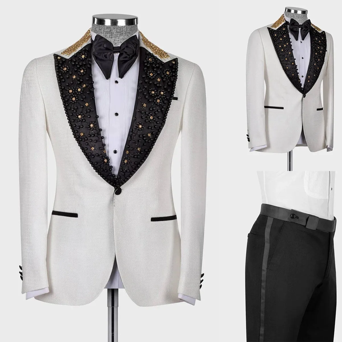 Aidase mens outfits Men's Suit 2 Pieces Blazer Black Pants Peaked Lapel One Button Tuxedo Beaded DiamondsWedding Groom Formal Tailored Costume Homme