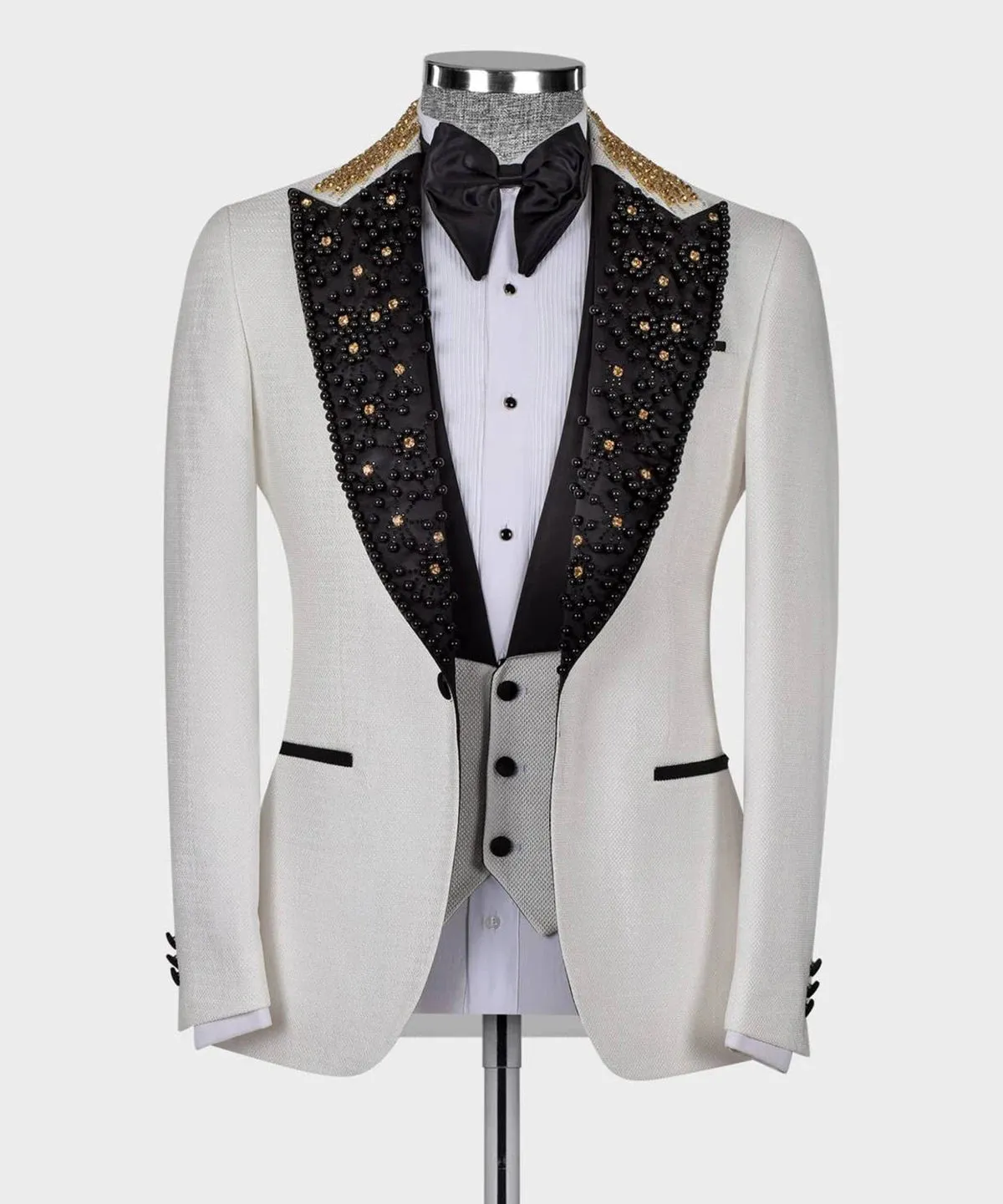 Aidase mens outfits Men's Suit 2 Pieces Blazer Black Pants Peaked Lapel One Button Tuxedo Beaded DiamondsWedding Groom Formal Tailored Costume Homme