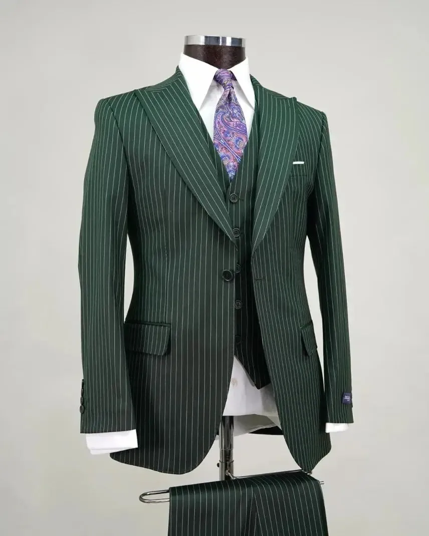 Aidase Modern Men's Suit Pinstripe 3 Pieces Blazer Pants Double Breasted Business Formal Work Wear Wedding Groom Costume Homme