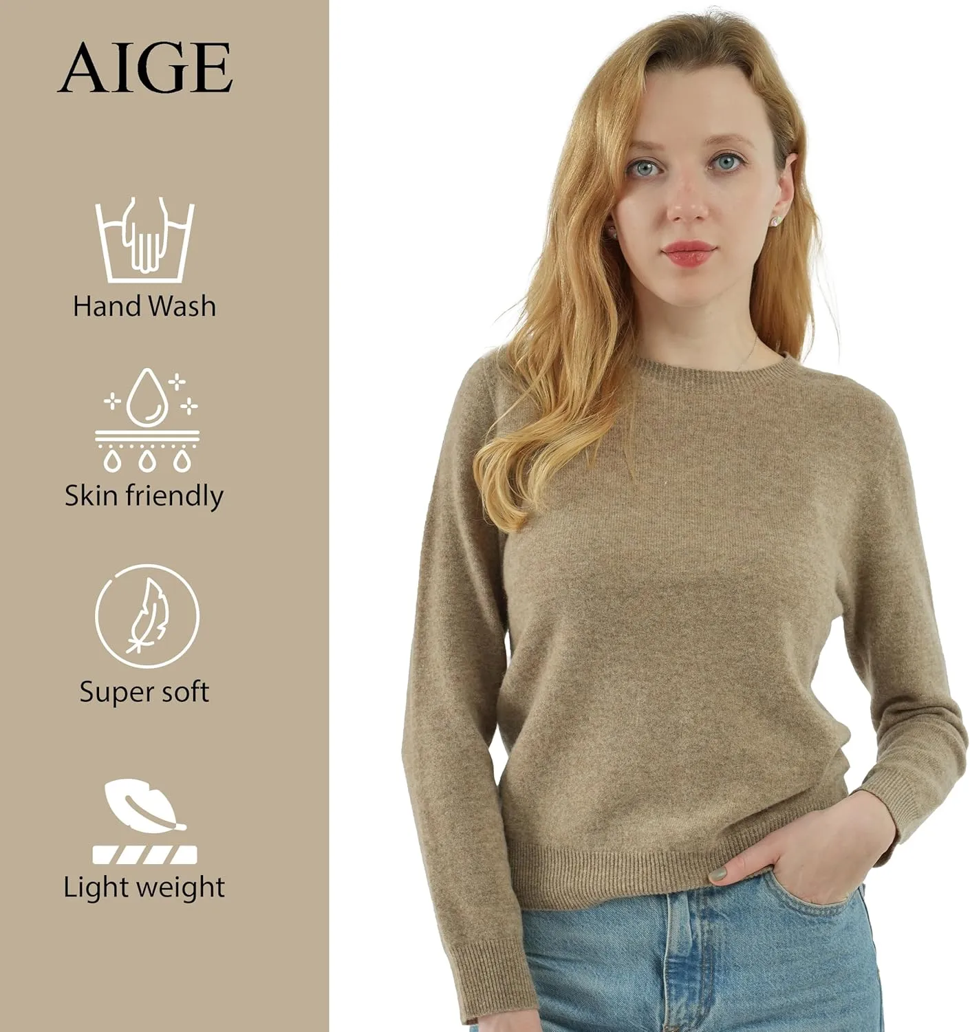 AIGE Women's Crew-Neck Oversized Fall Winter Warm 100% Pure Wool Long Warm Soft Pullover Sweater Tops Best for Winters