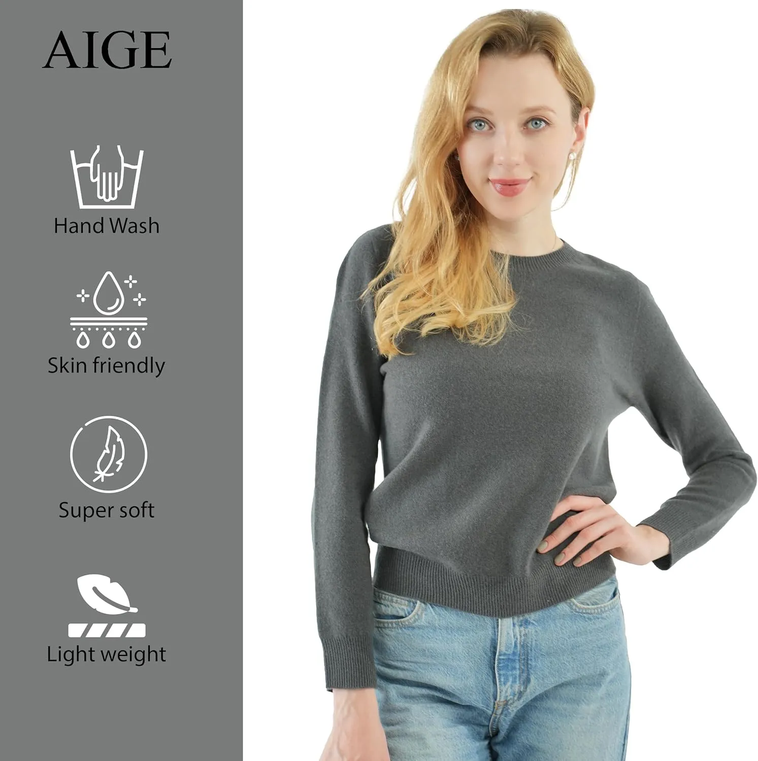 AIGE Women's Crew-Neck Oversized Fall Winter Warm 100% Pure Wool Long Warm Soft Pullover Sweater Tops Best for Winters