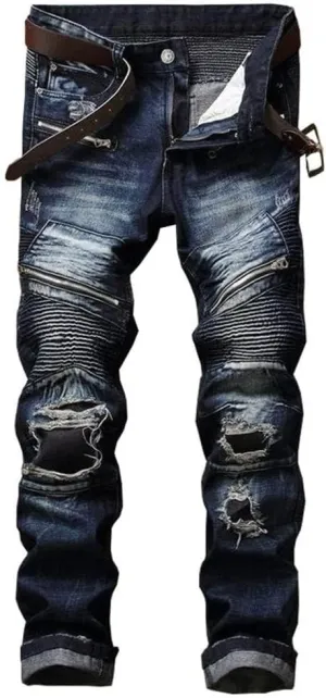 AITITIA Men's Biker Zipper Deco Washed Straight Fit Jeans