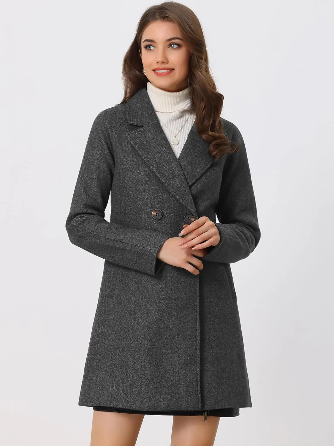 Allegra K Women's Notched Lapel Double Breasted Raglan Winter Coats