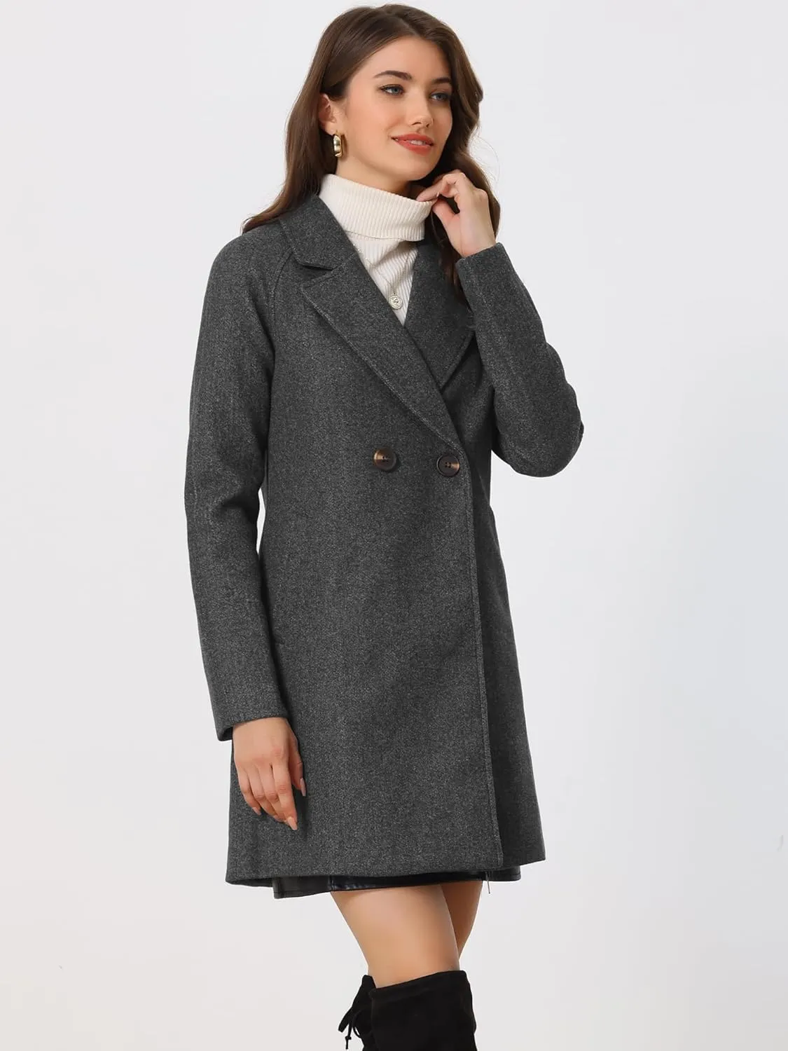 Allegra K Women's Notched Lapel Double Breasted Raglan Winter Coats