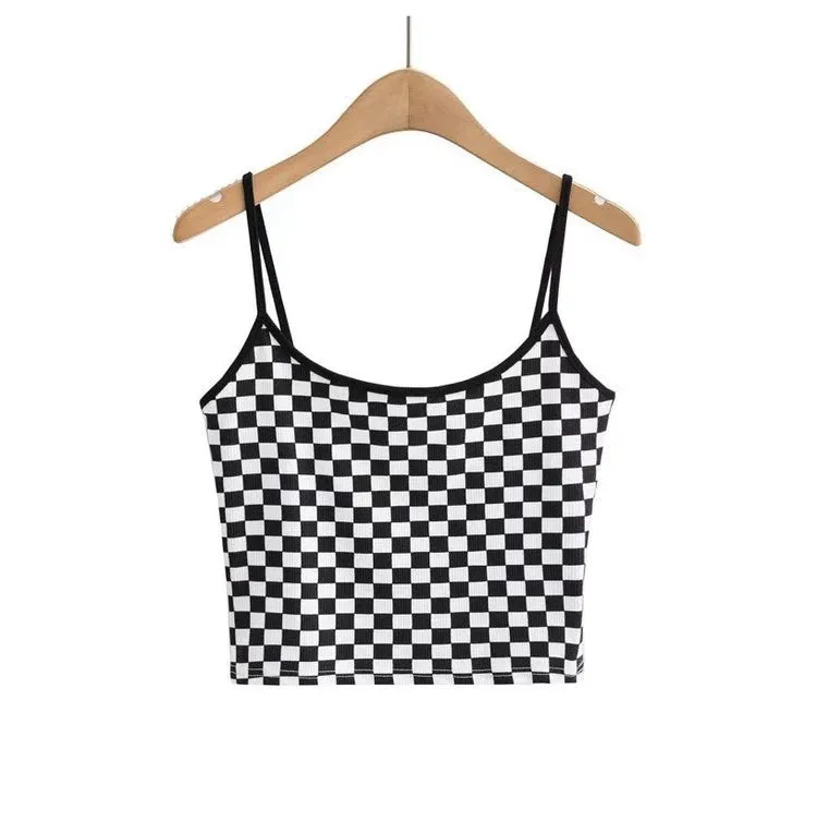 American Retro Chessboard Plaid round Neck Sexy Backless Slim-Fit Figure Flattering Easiest for Match Knitting Short Bottoming Camisole for Women