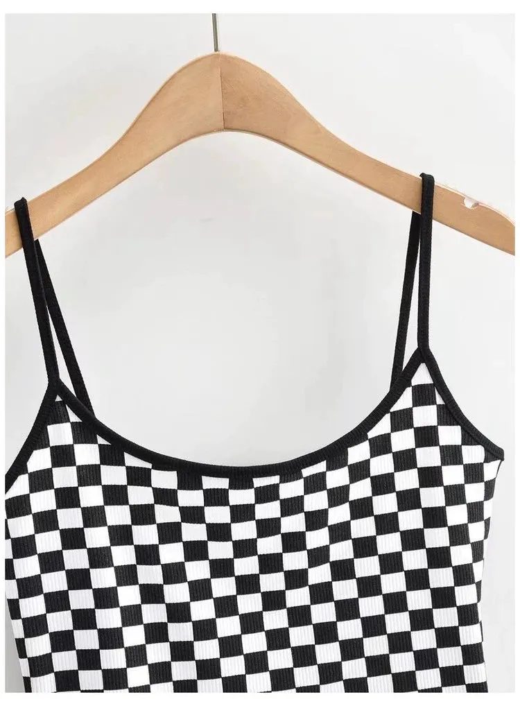 American Retro Chessboard Plaid round Neck Sexy Backless Slim-Fit Figure Flattering Easiest for Match Knitting Short Bottoming Camisole for Women