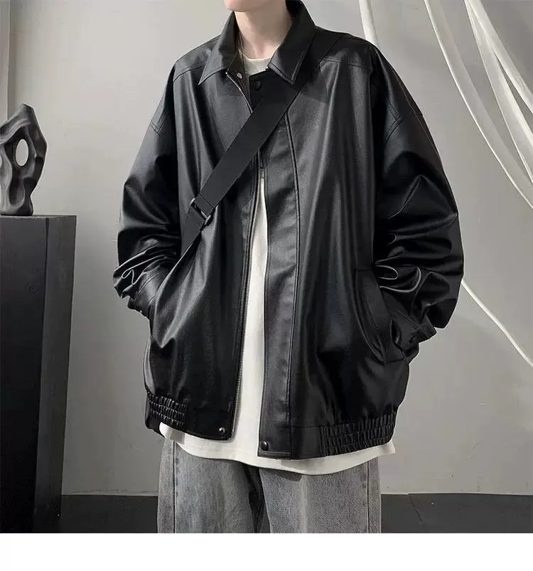 American Retro Fancy Handsome Casual Polo Collar Leather Coat
