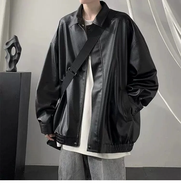 American Retro Fancy Handsome Casual Polo Collar Leather Coat