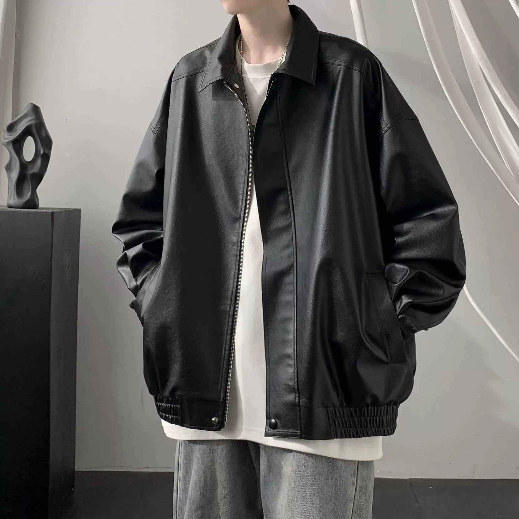 American Retro Fancy Handsome Casual Polo Collar Leather Coat