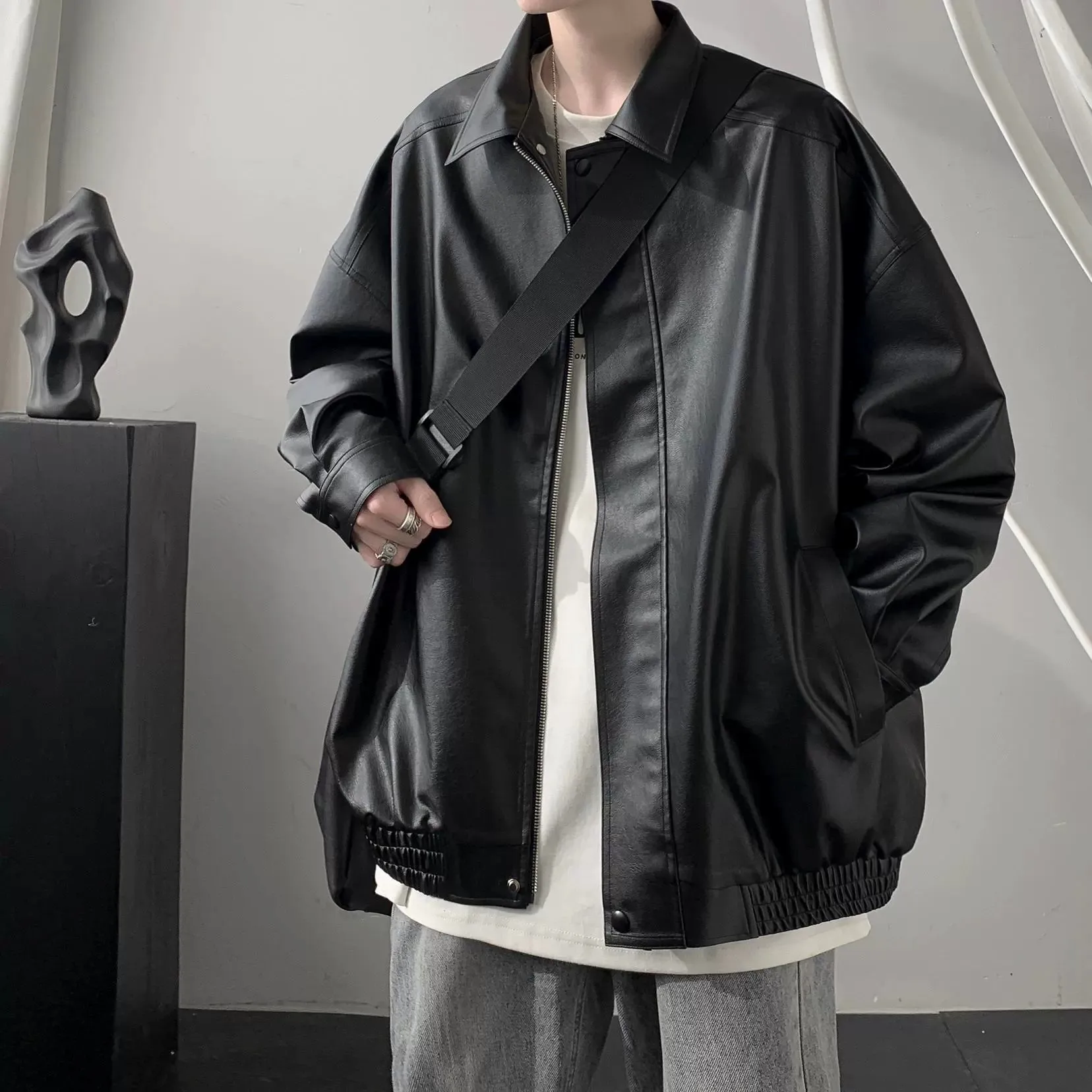 American Retro Fancy Handsome Casual Polo Collar Leather Coat