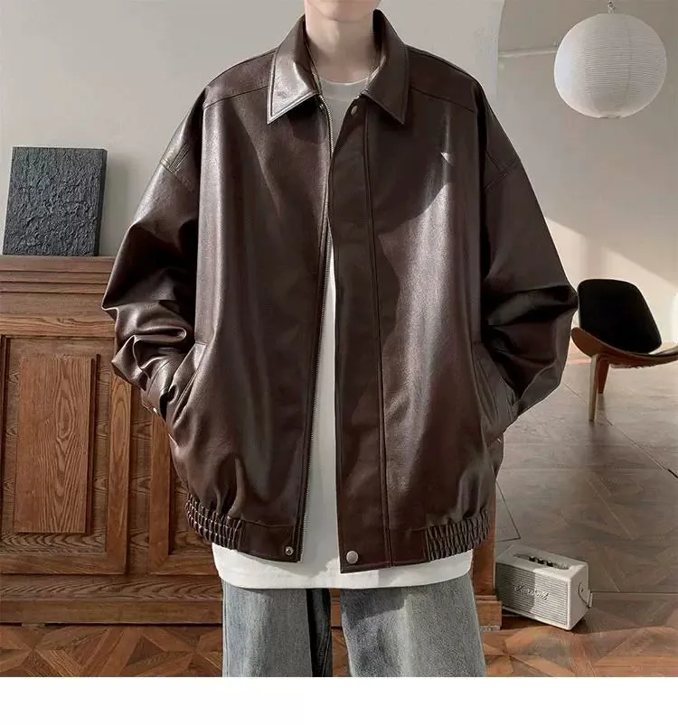 American Retro Fancy Handsome Casual Polo Collar Leather Coat