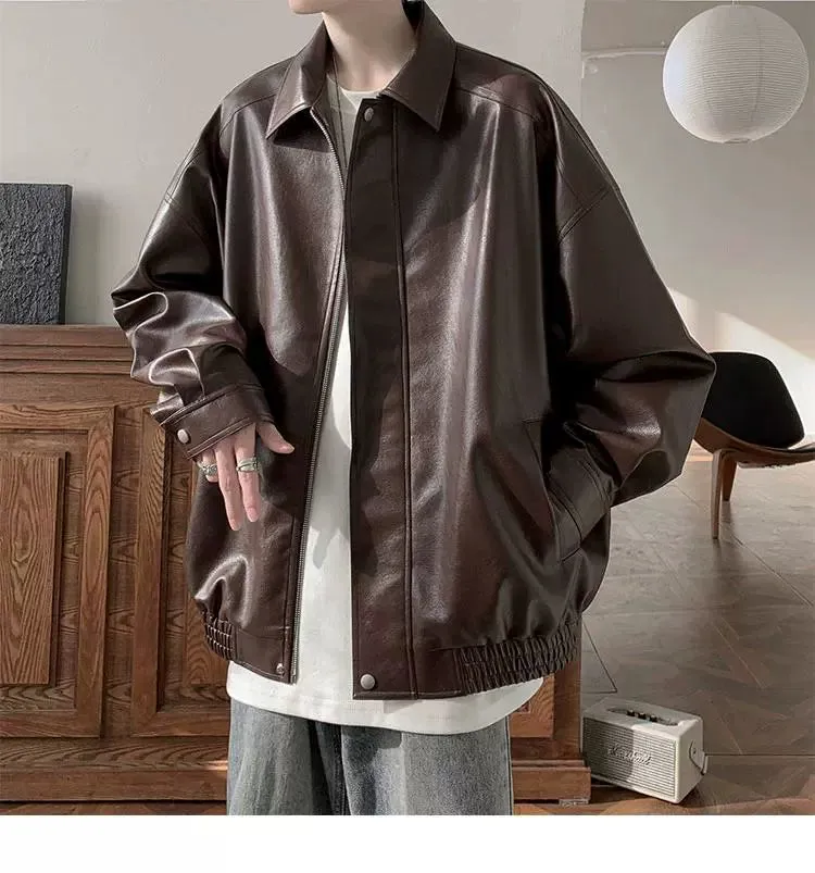 American Retro Fancy Handsome Casual Polo Collar Leather Coat
