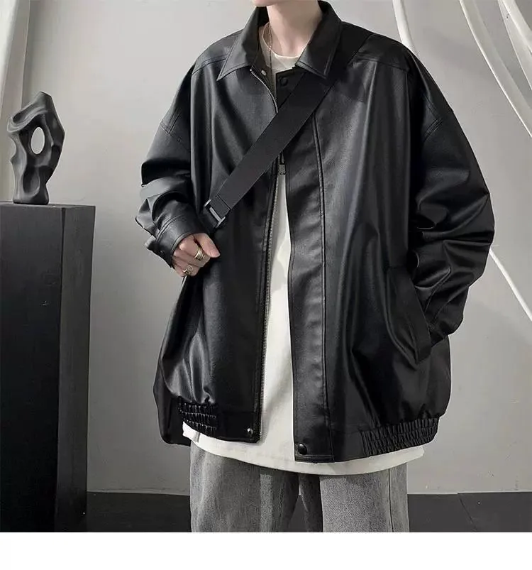 American Retro Fancy Handsome Casual Polo Collar Leather Coat