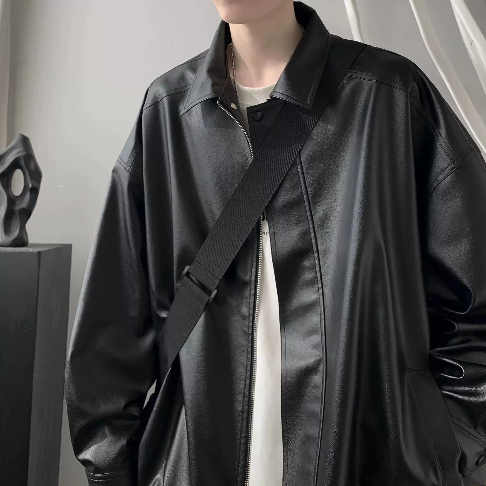 American Retro Fancy Handsome Casual Polo Collar Leather Coat