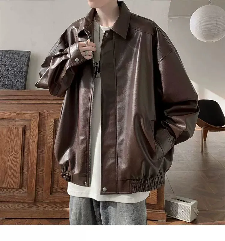 American Retro Fancy Handsome Casual Polo Collar Leather Coat