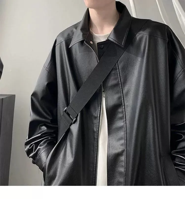 American Retro Fancy Handsome Casual Polo Collar Leather Coat