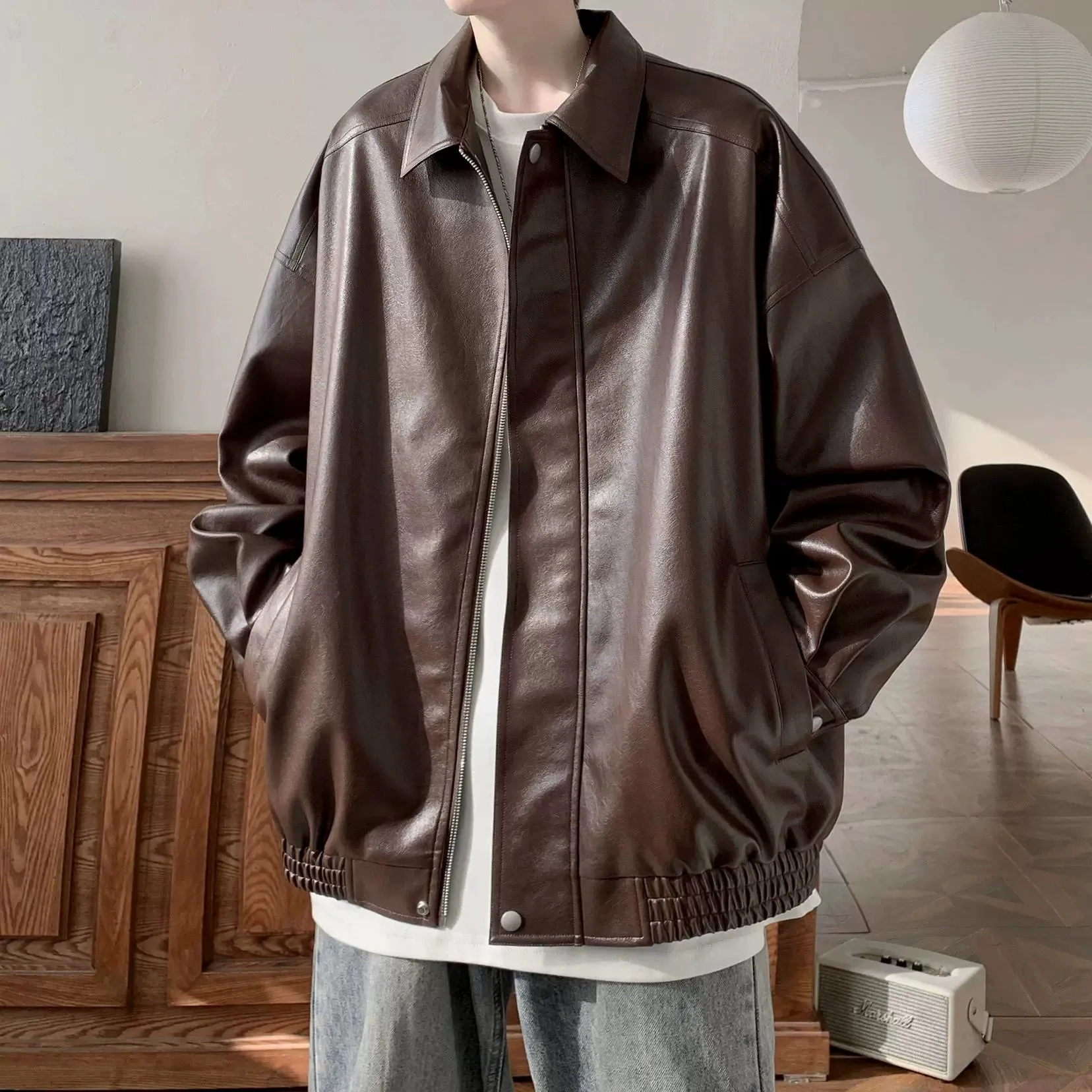 American Retro Fancy Handsome Casual Polo Collar Leather Coat