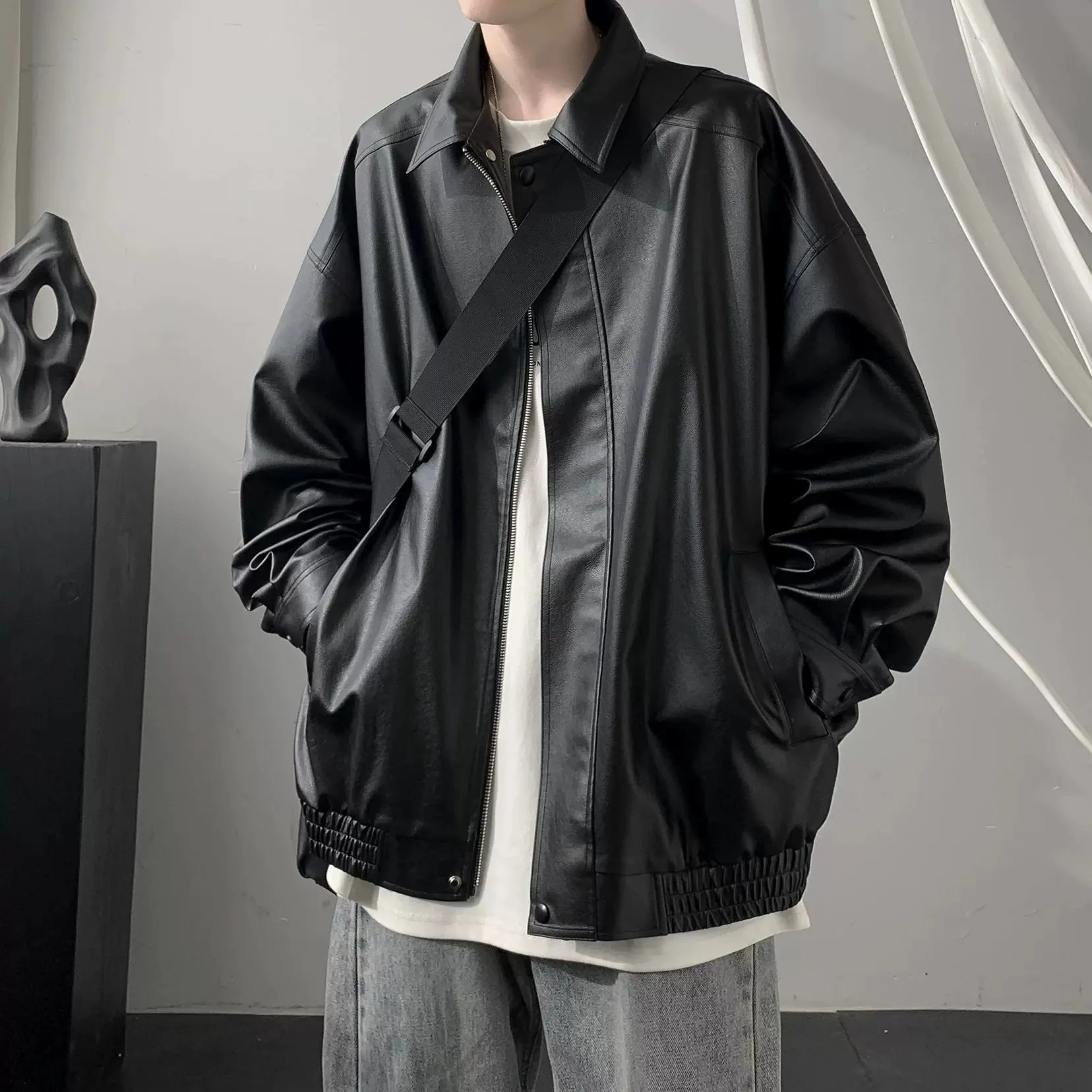 American Retro Fancy Handsome Casual Polo Collar Leather Coat