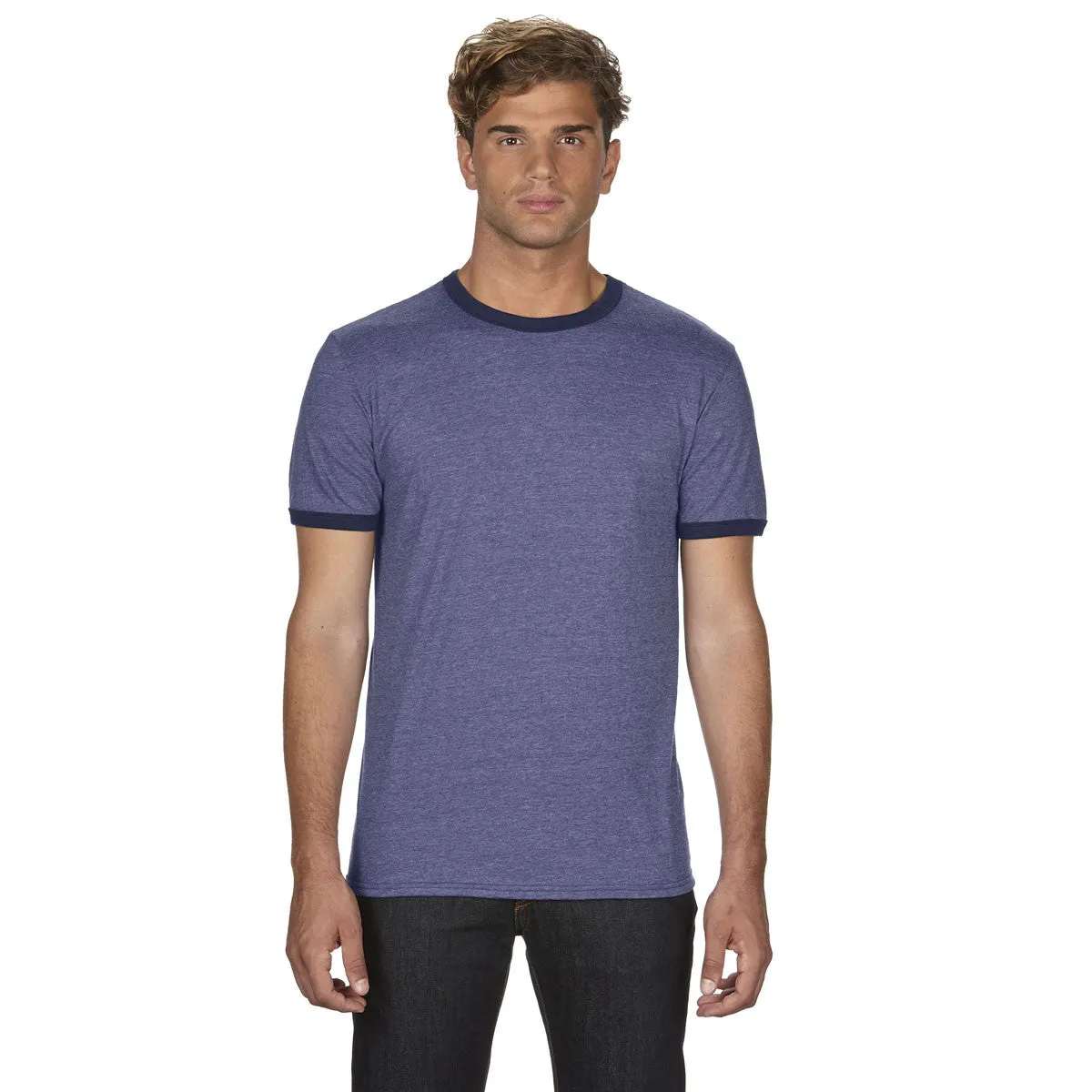 Anvil Men's Heather Blue/True Navy Lightweight Ringer T-Shirt