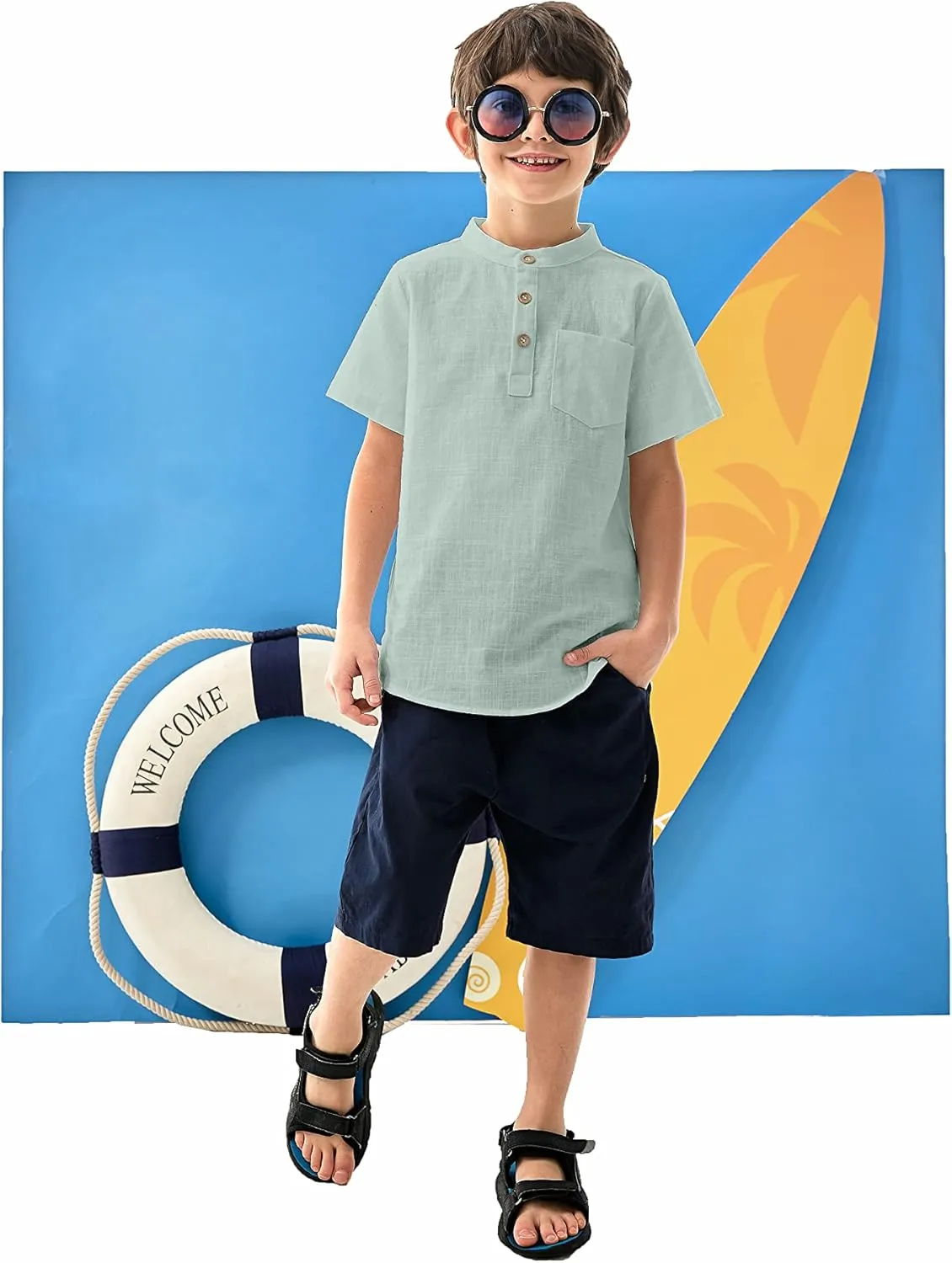 Arshiner Boys Linen Shirt Button Down Henley Short Sleeve T Shirts