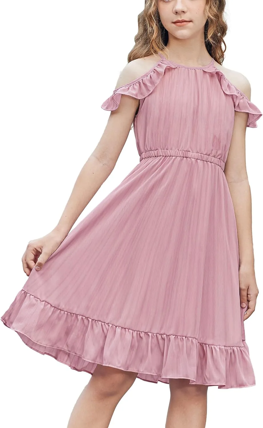 Arshiner Girls Summer Dress Casual Halter Neck Cold Shoulder Sundress