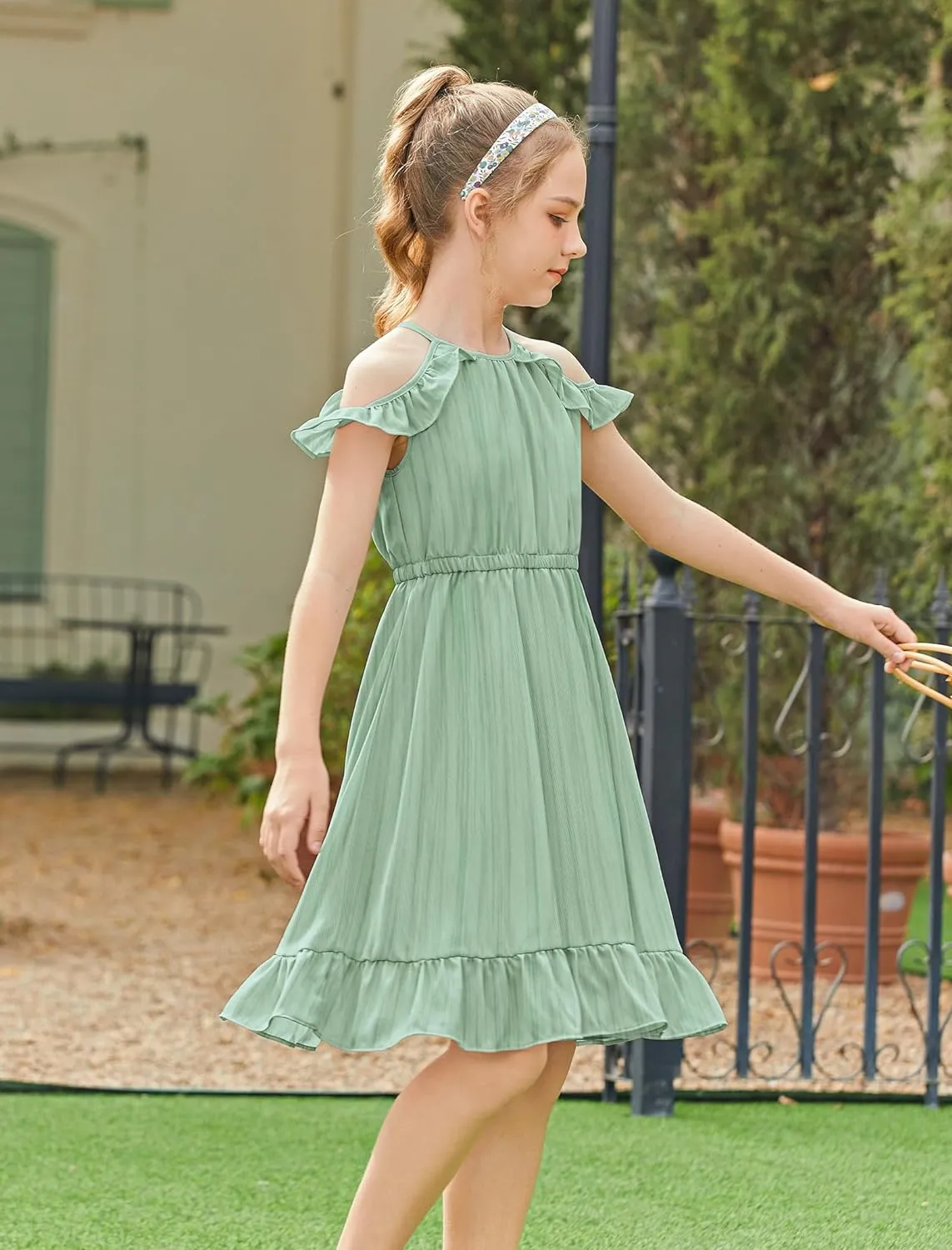 Arshiner Girls Summer Dress Casual Halter Neck Cold Shoulder Sundress