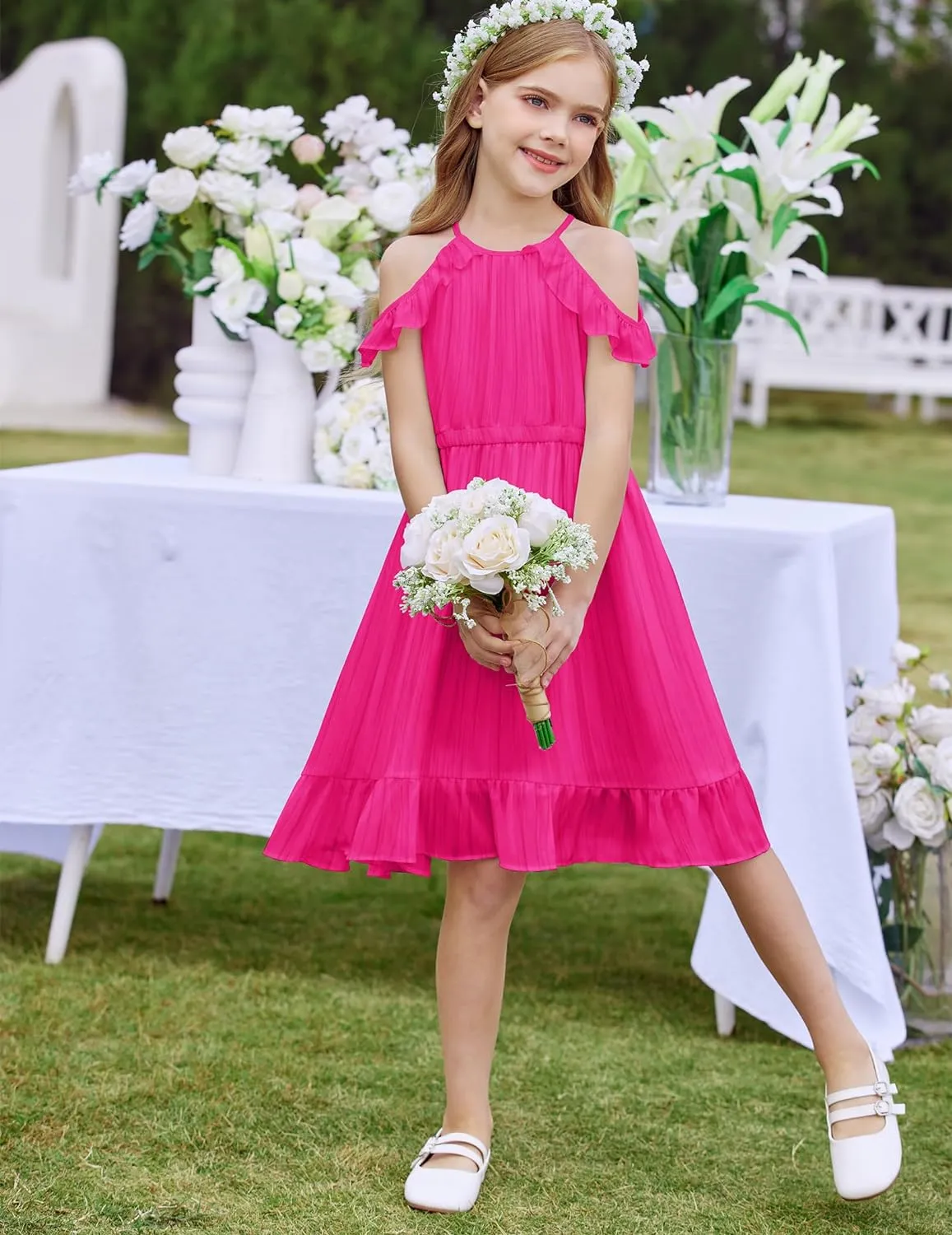 Arshiner Girls Summer Dress Casual Halter Neck Cold Shoulder Sundress