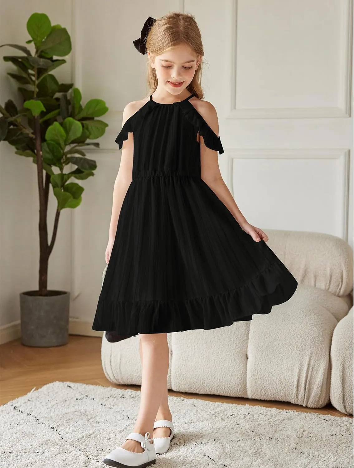 Arshiner Girls Summer Dress Casual Halter Neck Cold Shoulder Sundress