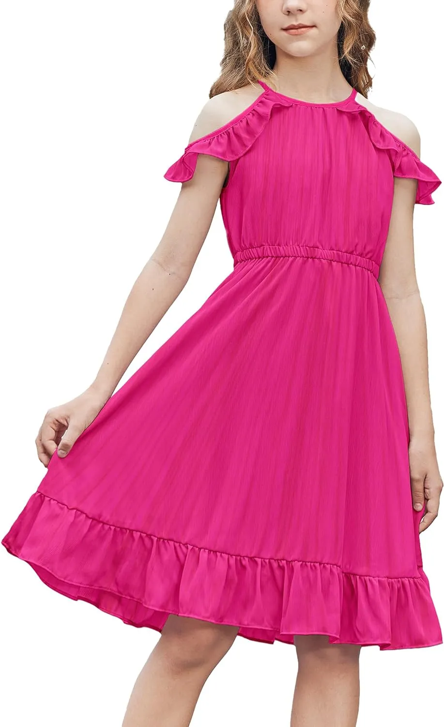 Arshiner Girls Summer Dress Casual Halter Neck Cold Shoulder Sundress