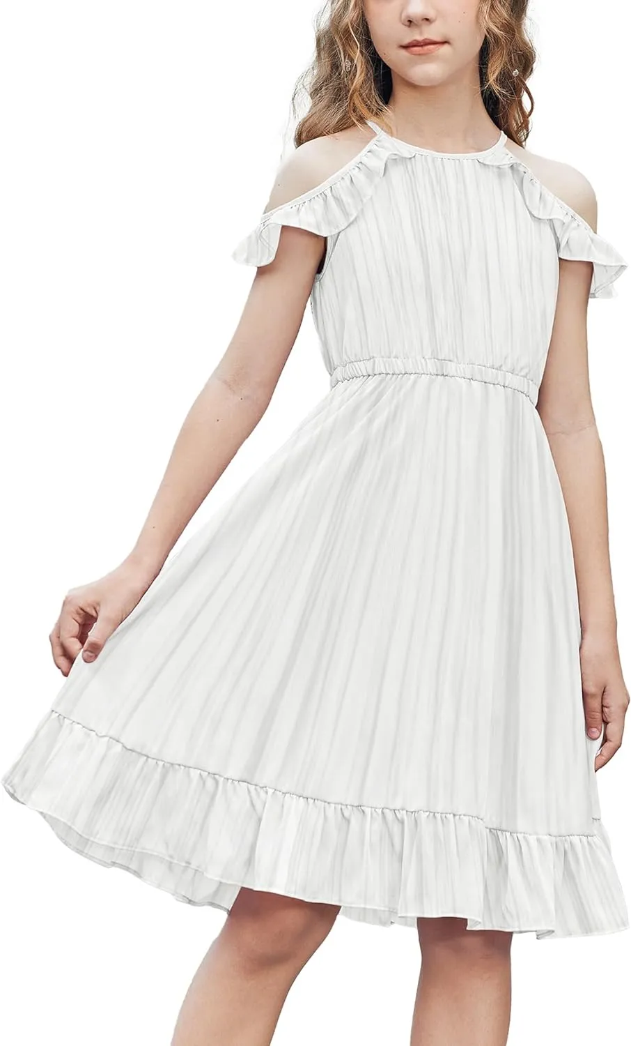 Arshiner Girls Summer Dress Casual Halter Neck Cold Shoulder Sundress