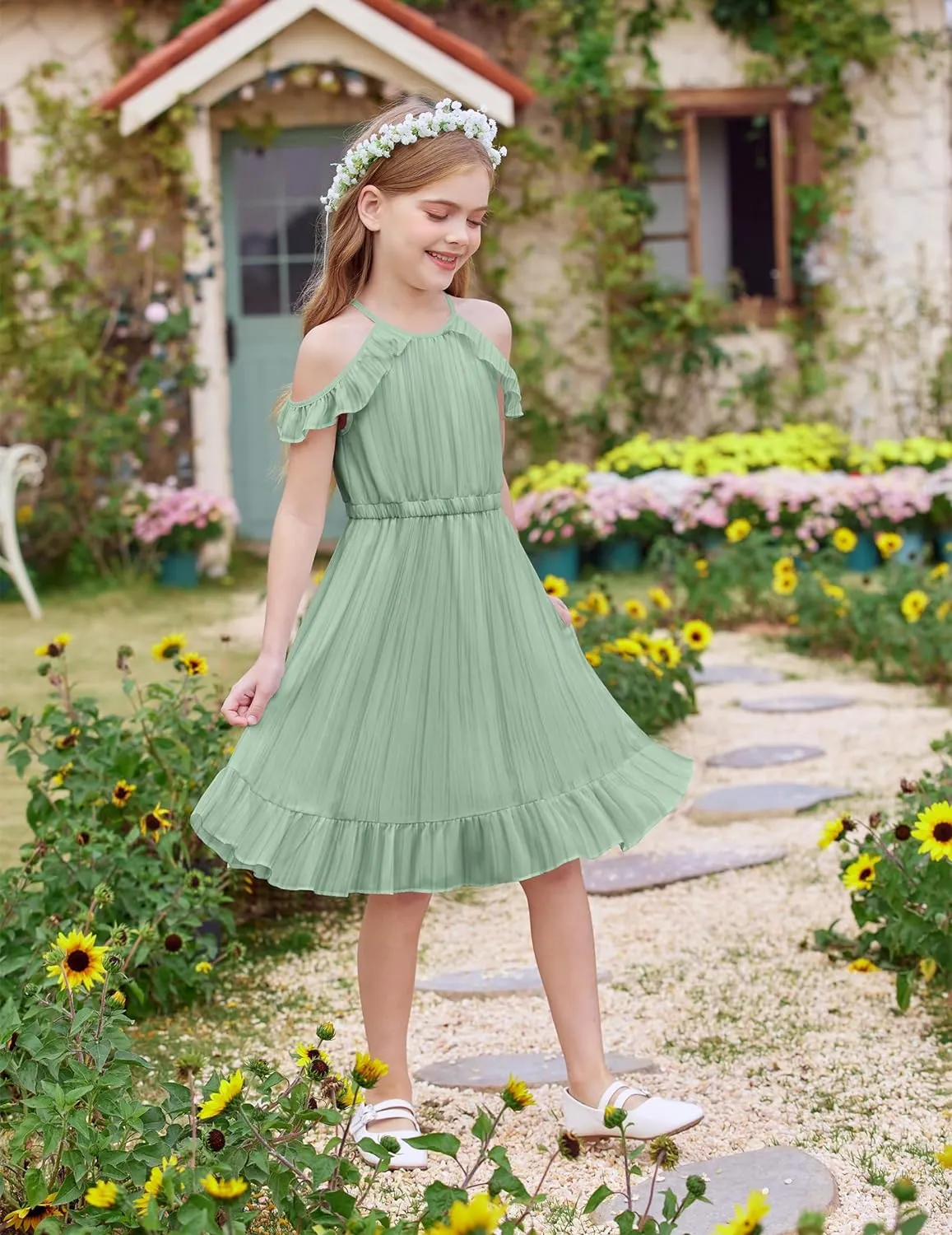 Arshiner Girls Summer Dress Casual Halter Neck Cold Shoulder Sundress