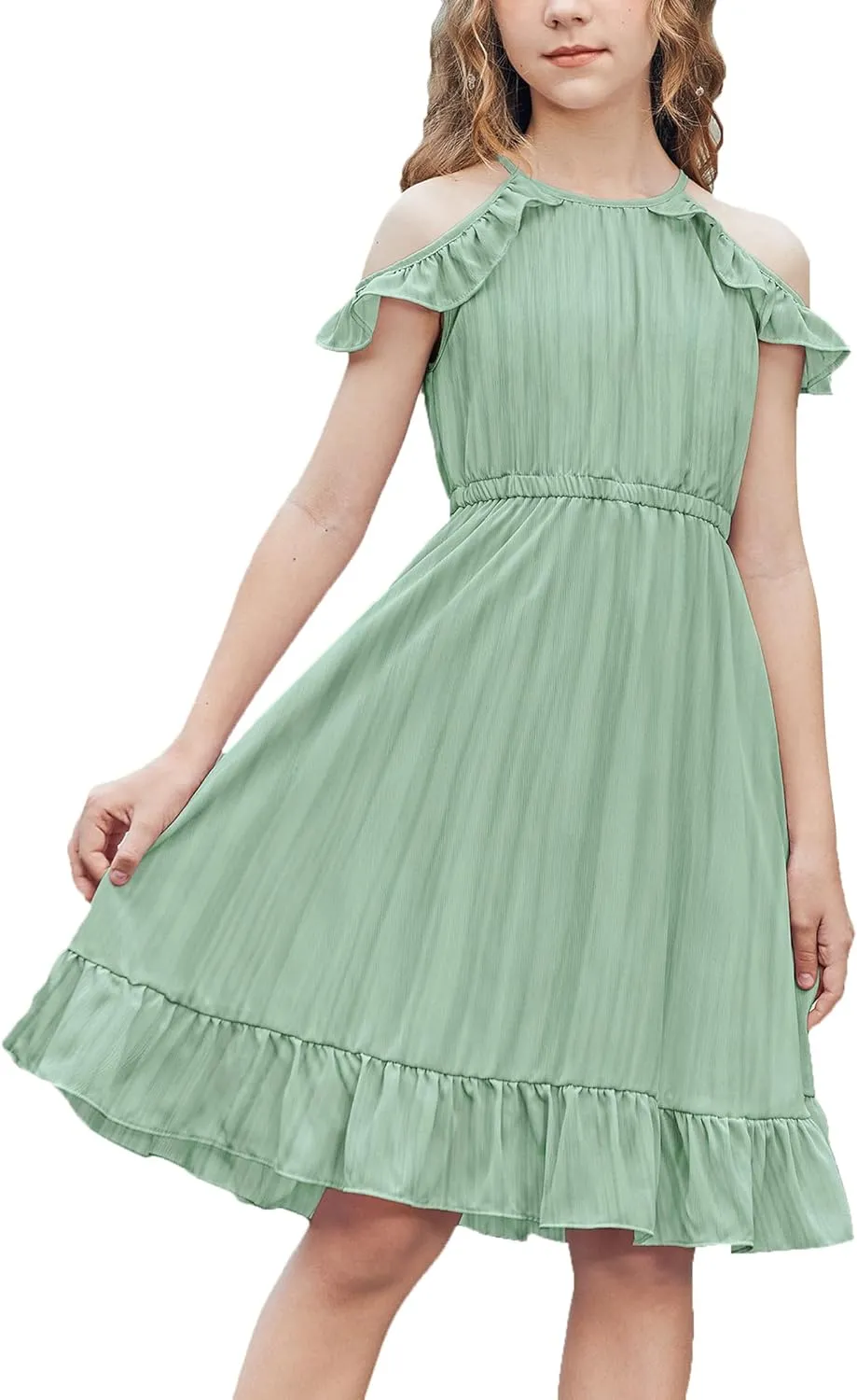 Arshiner Girls Summer Dress Casual Halter Neck Cold Shoulder Sundress