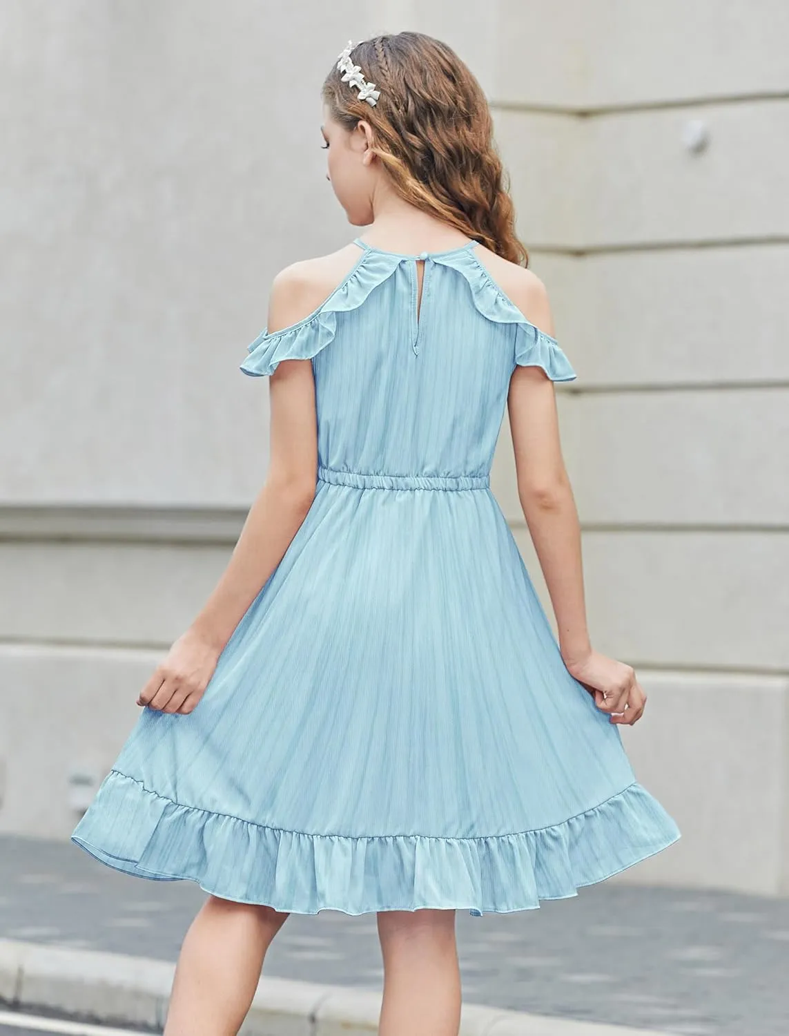 Arshiner Girls Summer Dress Casual Halter Neck Cold Shoulder Sundress