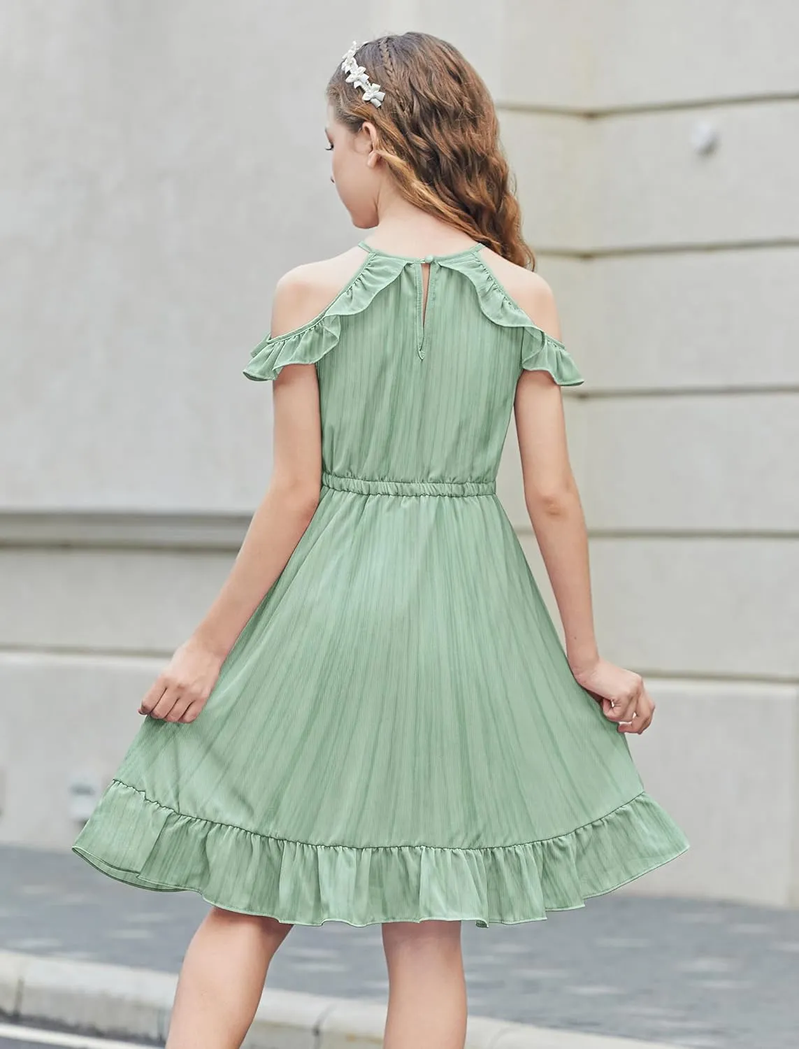 Arshiner Girls Summer Dress Casual Halter Neck Cold Shoulder Sundress