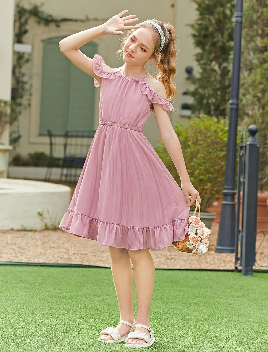 Arshiner Girls Summer Dress Casual Halter Neck Cold Shoulder Sundress