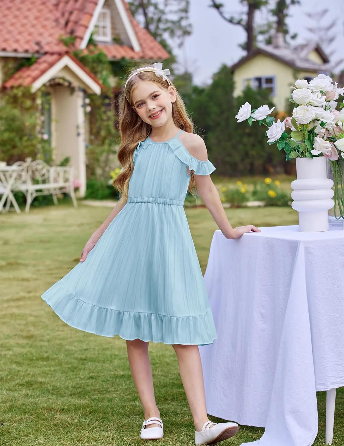 Arshiner Girls Summer Dress Casual Halter Neck Cold Shoulder Sundress