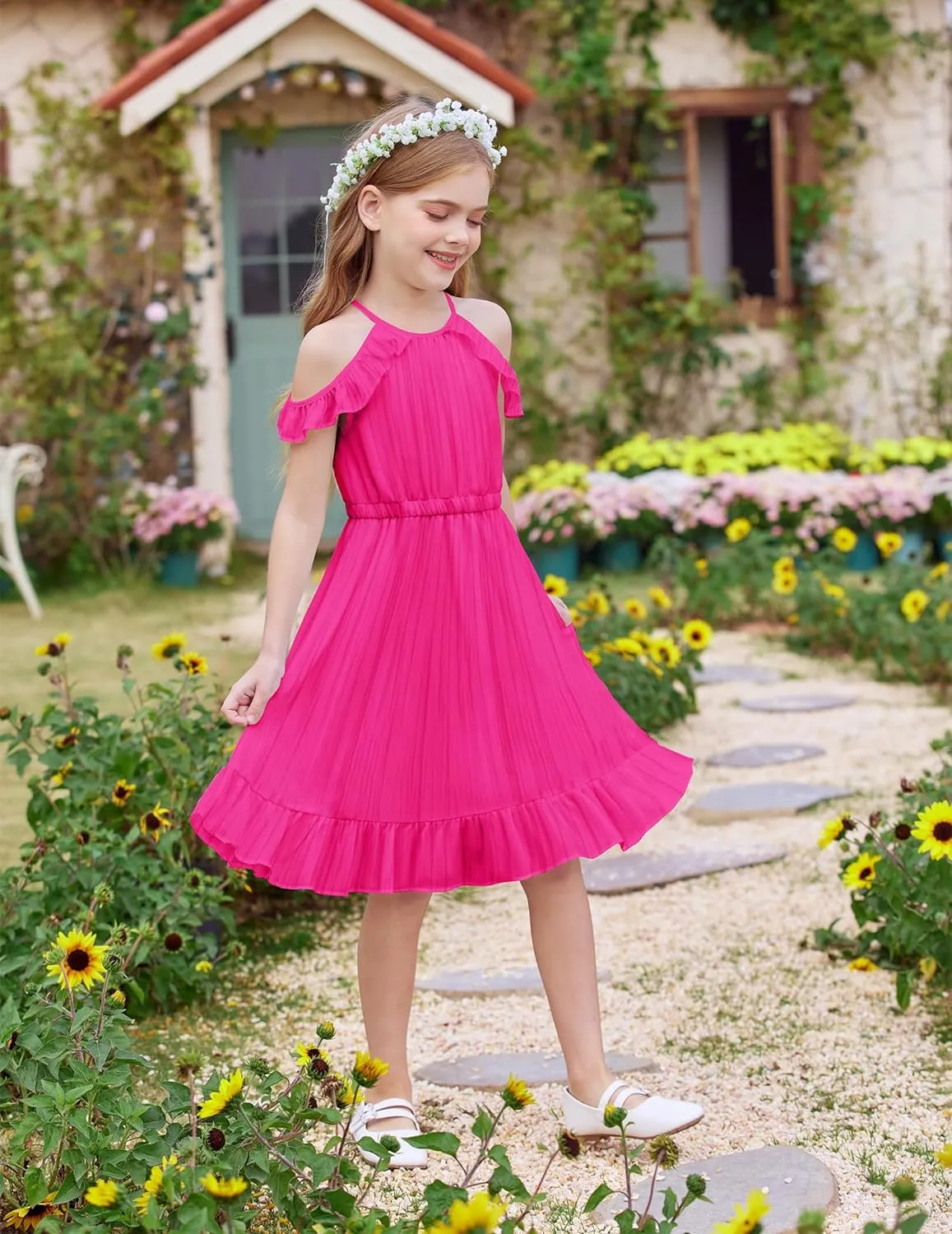 Arshiner Girls Summer Dress Casual Halter Neck Cold Shoulder Sundress