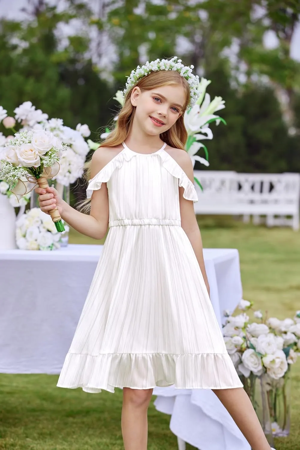 Arshiner Girls Summer Dress Casual Halter Neck Cold Shoulder Sundress