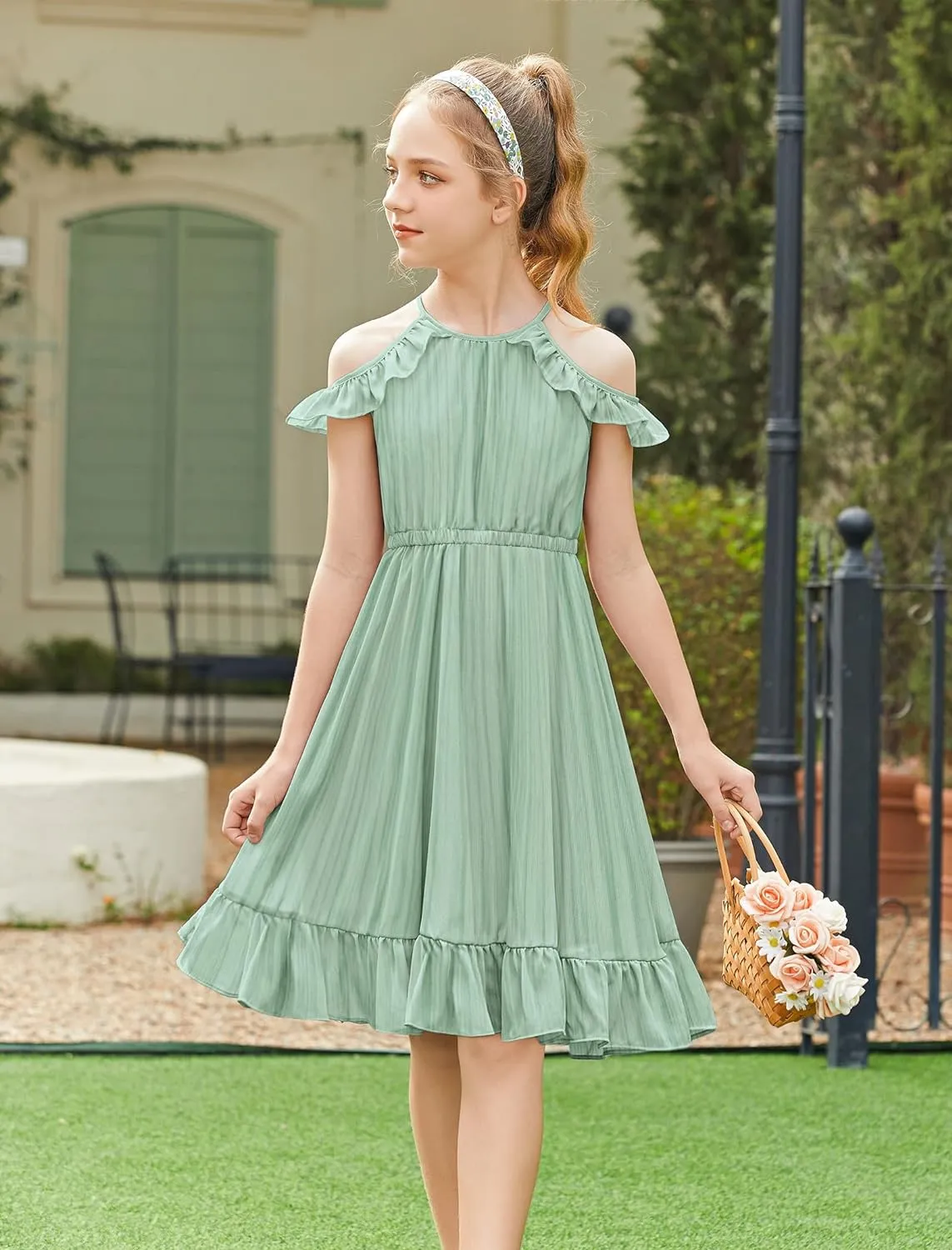 Arshiner Girls Summer Dress Casual Halter Neck Cold Shoulder Sundress