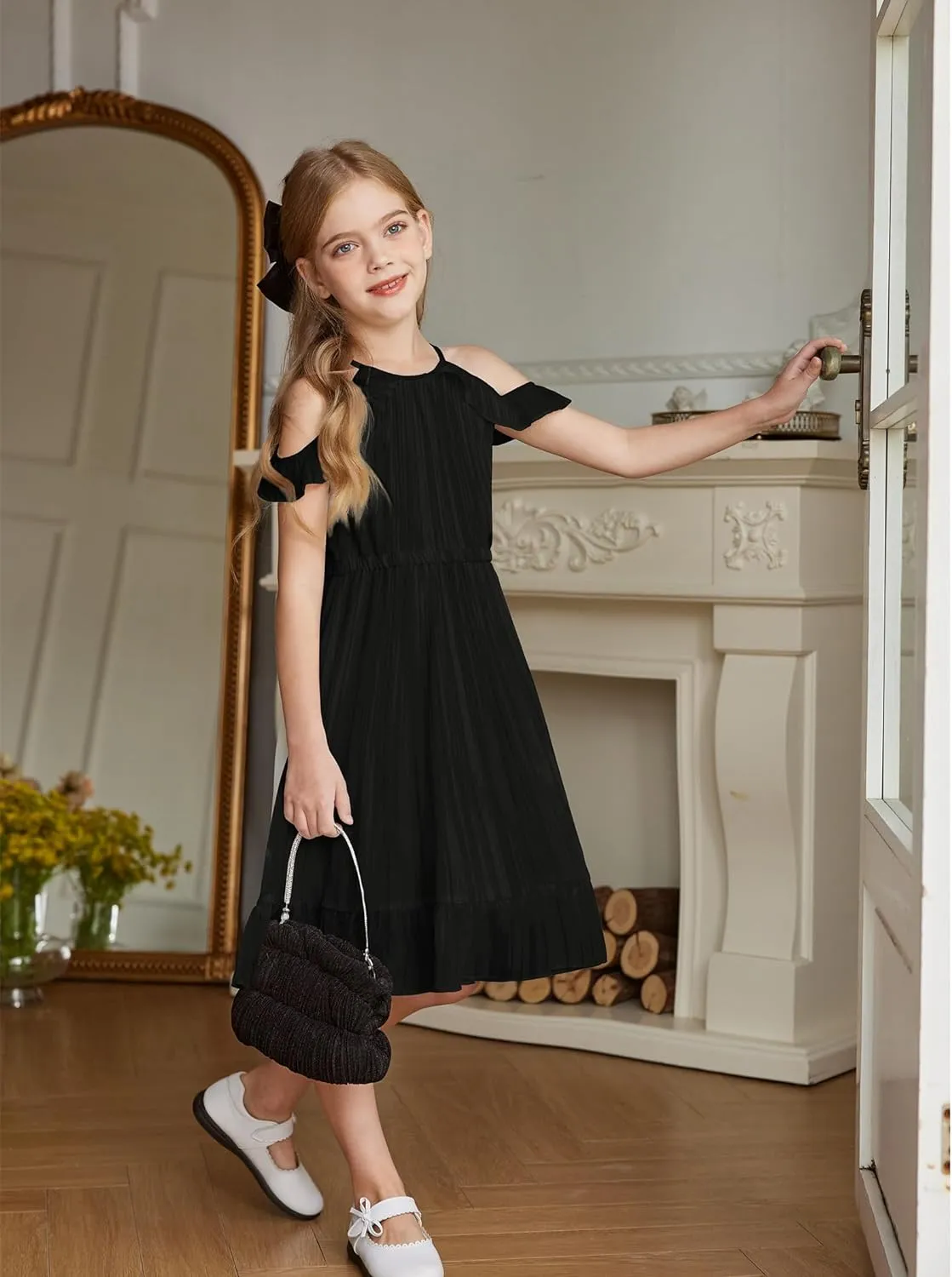 Arshiner Girls Summer Dress Casual Halter Neck Cold Shoulder Sundress