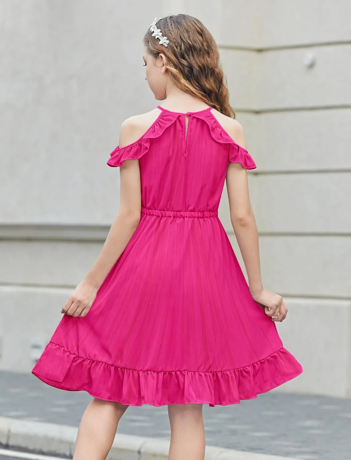 Arshiner Girls Summer Dress Casual Halter Neck Cold Shoulder Sundress