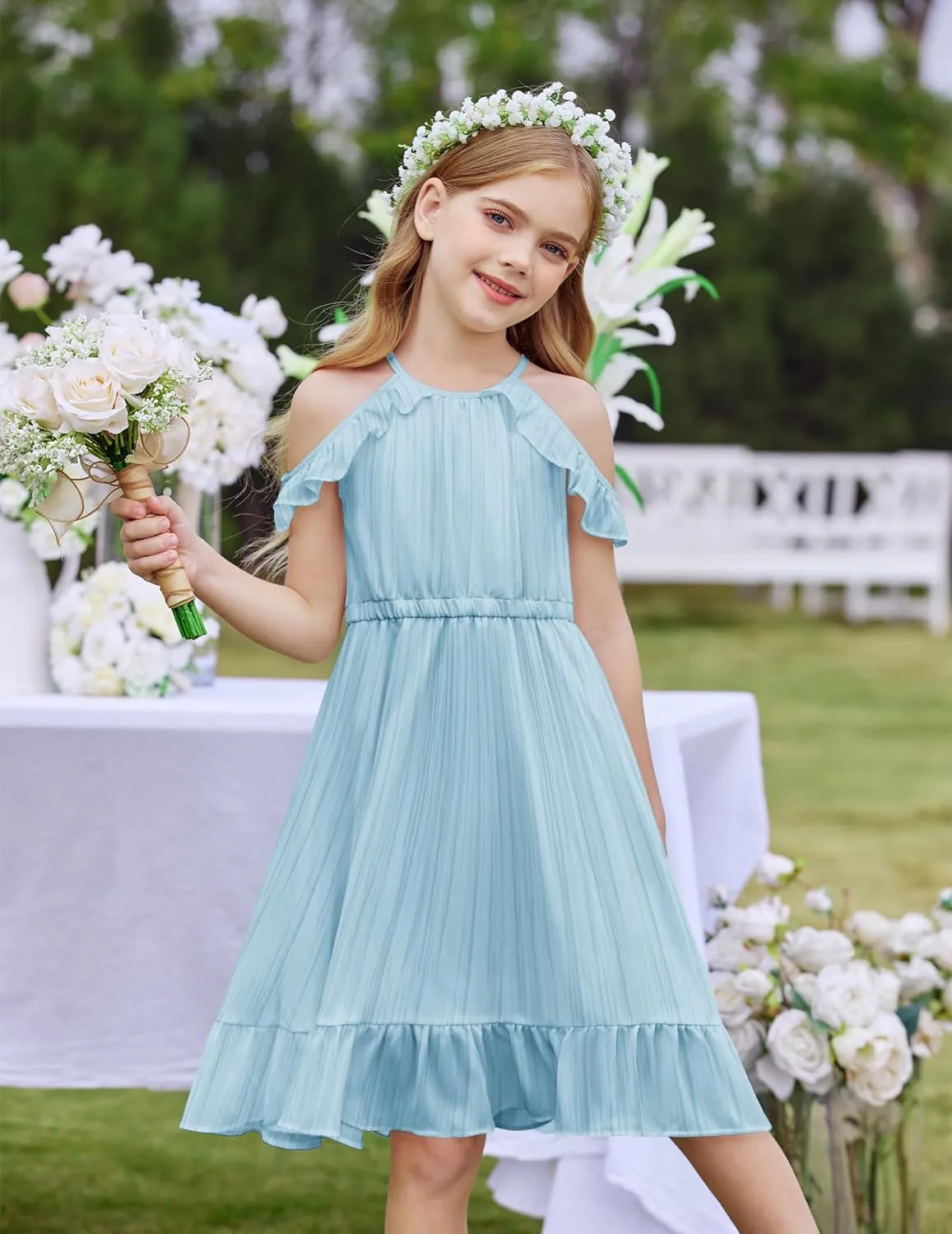 Arshiner Girls Summer Dress Casual Halter Neck Cold Shoulder Sundress