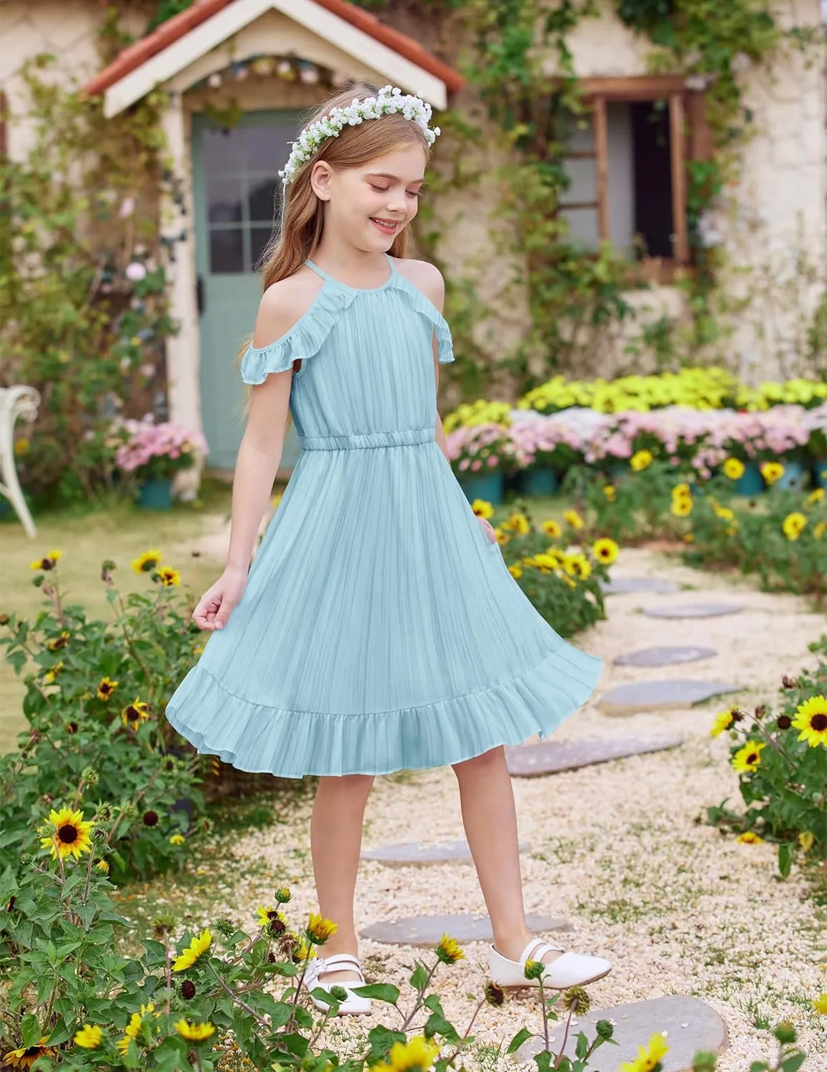 Arshiner Girls Summer Dress Casual Halter Neck Cold Shoulder Sundress